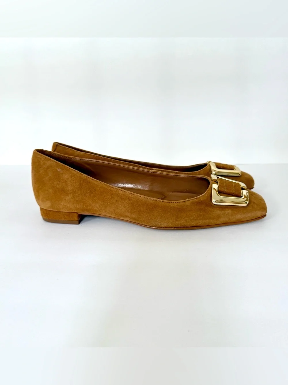 Talbots Sutton Camel Suede Flats with Gold Buckle